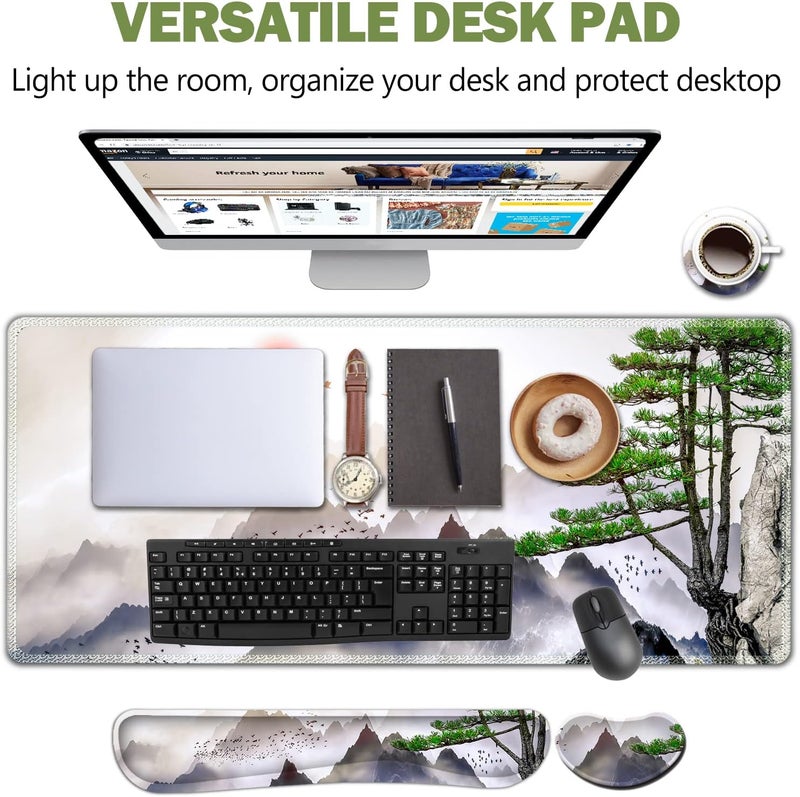 AIMSA Large Gaming Mouse Pad Set, Keyboard Wrist Rest Support + Extended Mouse Pad + Mouse Wrist Cushion + Coaster, Ergonomic Memory Foam Desk Mat 35x15.7in Anti-Slip Base (Pine Tree Mountains) - Image 2